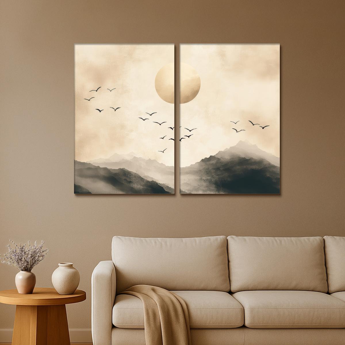 LEINWANDBILD 2er Set Landschaft - Japandi - Beige - Vögel 160x120 cm - Beige, Textil (160/120cm) - MuchoWow