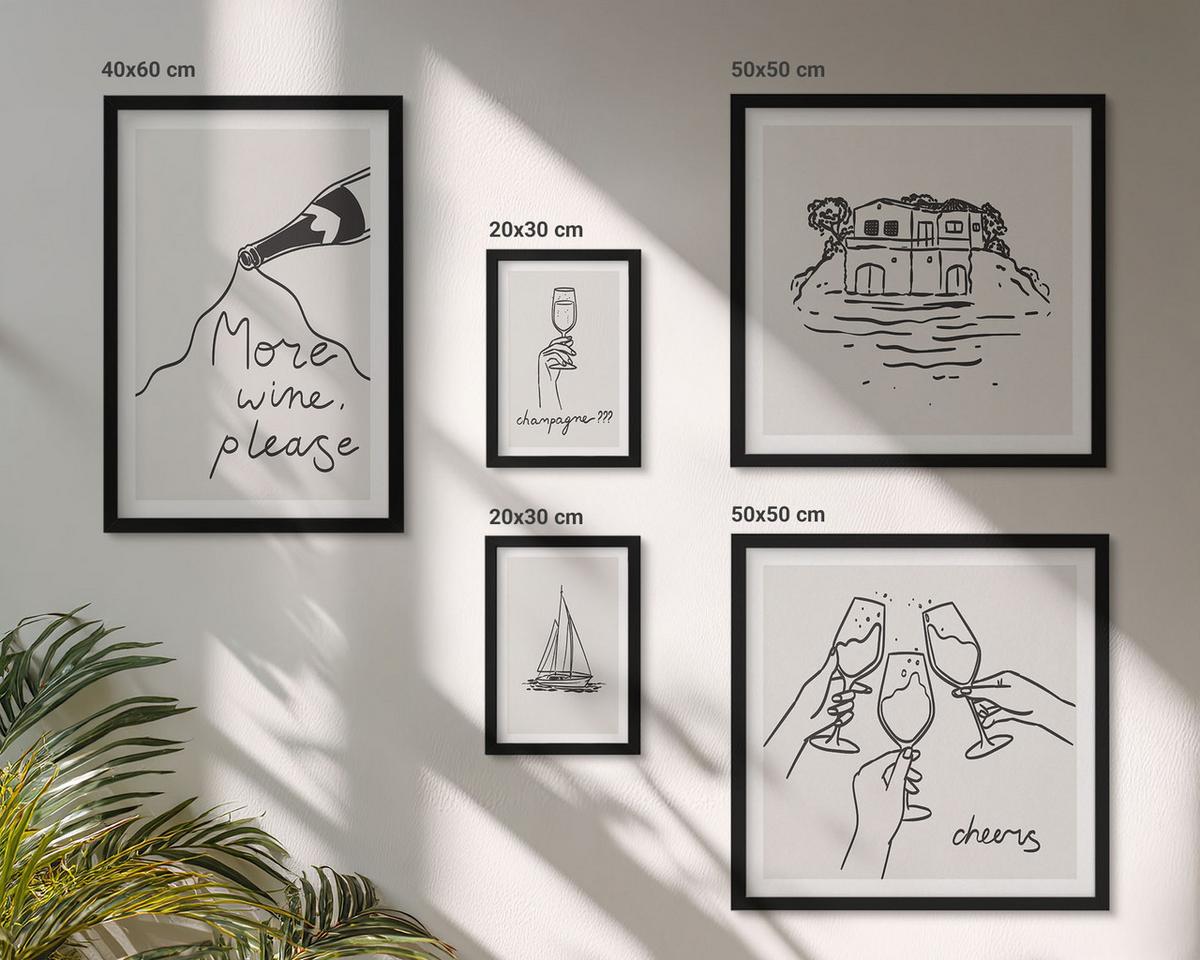 BILDER SET 5er Set - 50x50 cm & 20x30 cm & 40x60 cm Schwarzer Rahmen - Minimalistische Boho-Muster - Schwarz, Kunststoff (40/60cm) - TULUP
