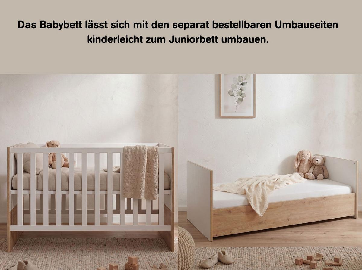 BABYZIMMER SET Maxim 2-tlg. Wickelkommode Babybett - Weiß/Eiche Artisan, Holzwerkstoff (1/1/1cm) - arthur berndt
