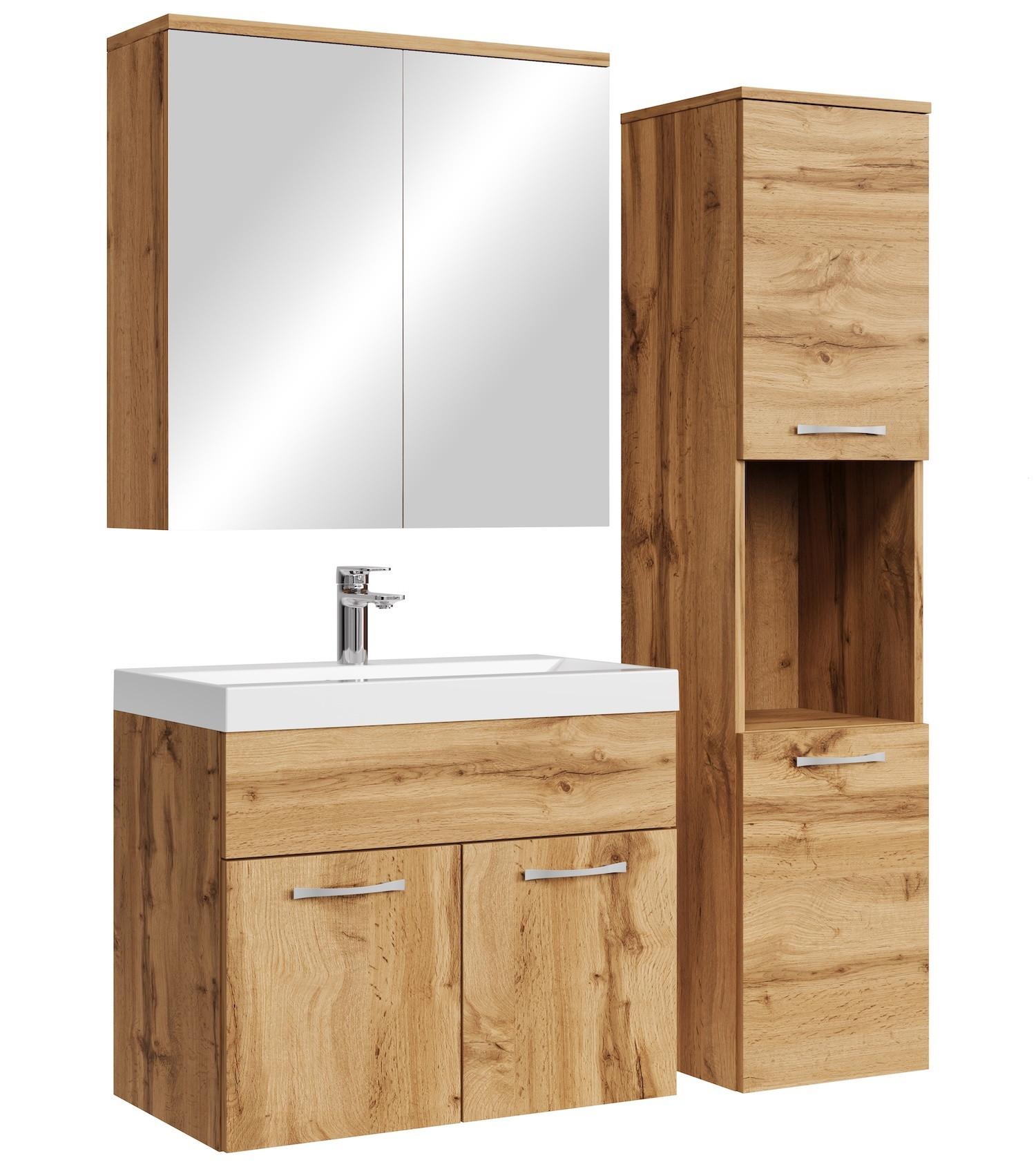 BADMÖBEL-SET Montreal 4 Teile Spiegelschrank Eiche - 60 x 35 x 51 cm - Chromfarben/Eiche Wotan, Holz/Metall (60/51/35cm) - Badplaats