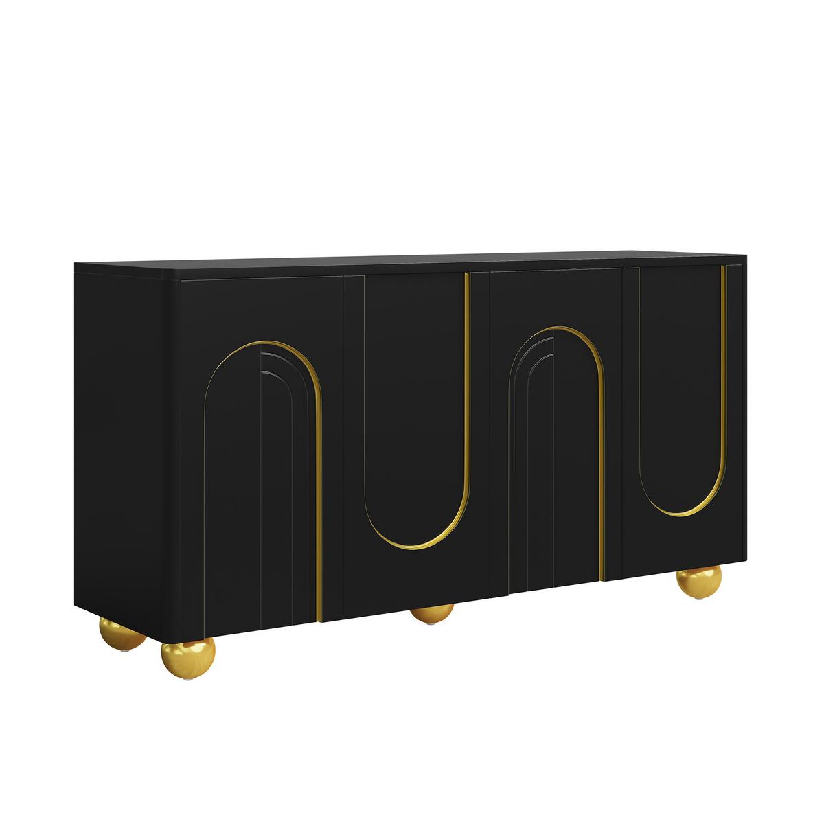 SIDEBOARD 140cm Schwarz mit Gold-Bogen-Dekor, 4 Türen & Kugel-Füßen - Schwarz, Holzwerkstoff (140/74/40cm) - Urban Meuble