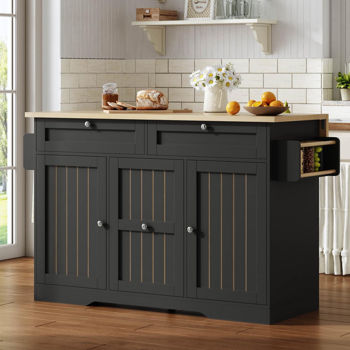 KÜCHENINSEL in schwarz mit holzoptik-platte, klappbarer arbeitsfläche und rollen - Schwarz, Holzwerkstoff (120/92/70cm) - Urban Meuble