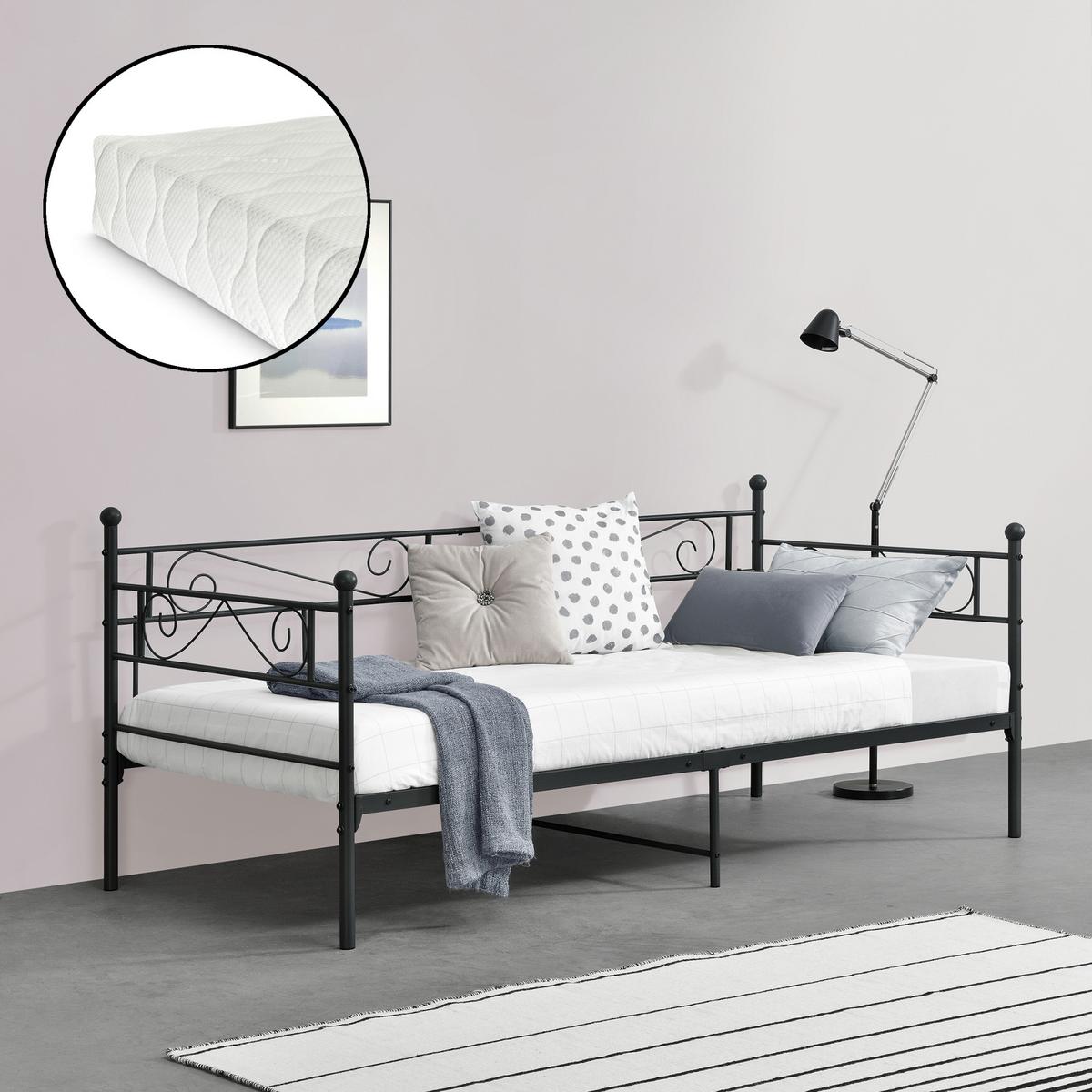TAGESBETT Kerava mit Matratze - Schwarz, Textil/Metall (90/200cm) - [en.casa]