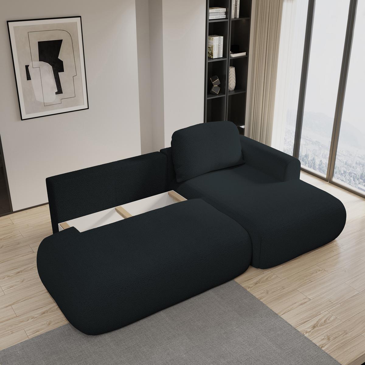 ECKSOFA NUVIRA R-S Schwarz Boucle-Stoff mit Schlaffunktion - Schwarz, Holz (279/158cm) - MASSENO