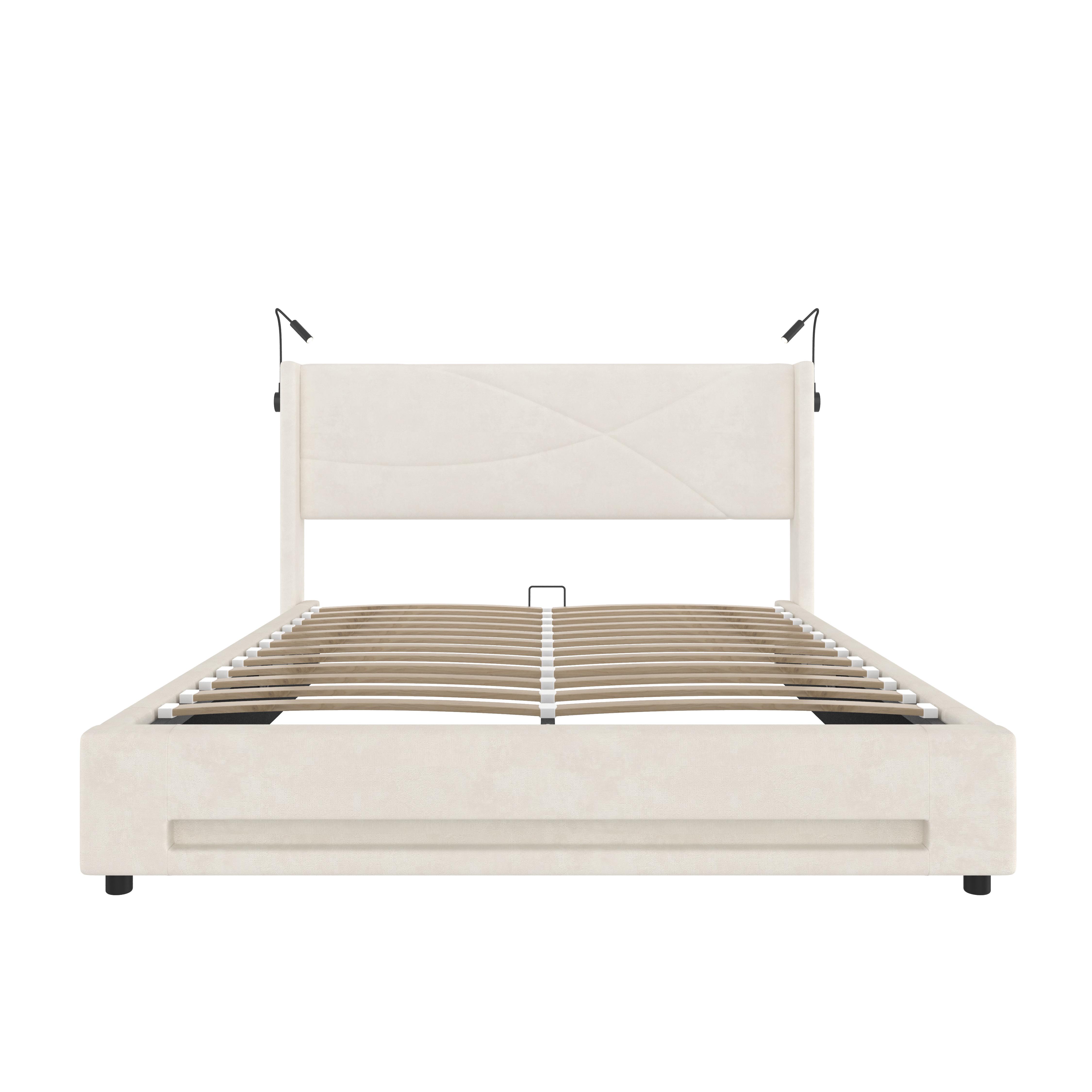 POLSTERBETT Samt Beige 140x200 cm mit LED Beleuchtung & USB-Ladestation - Beige, Textil (140/200cm) - Urban Meuble