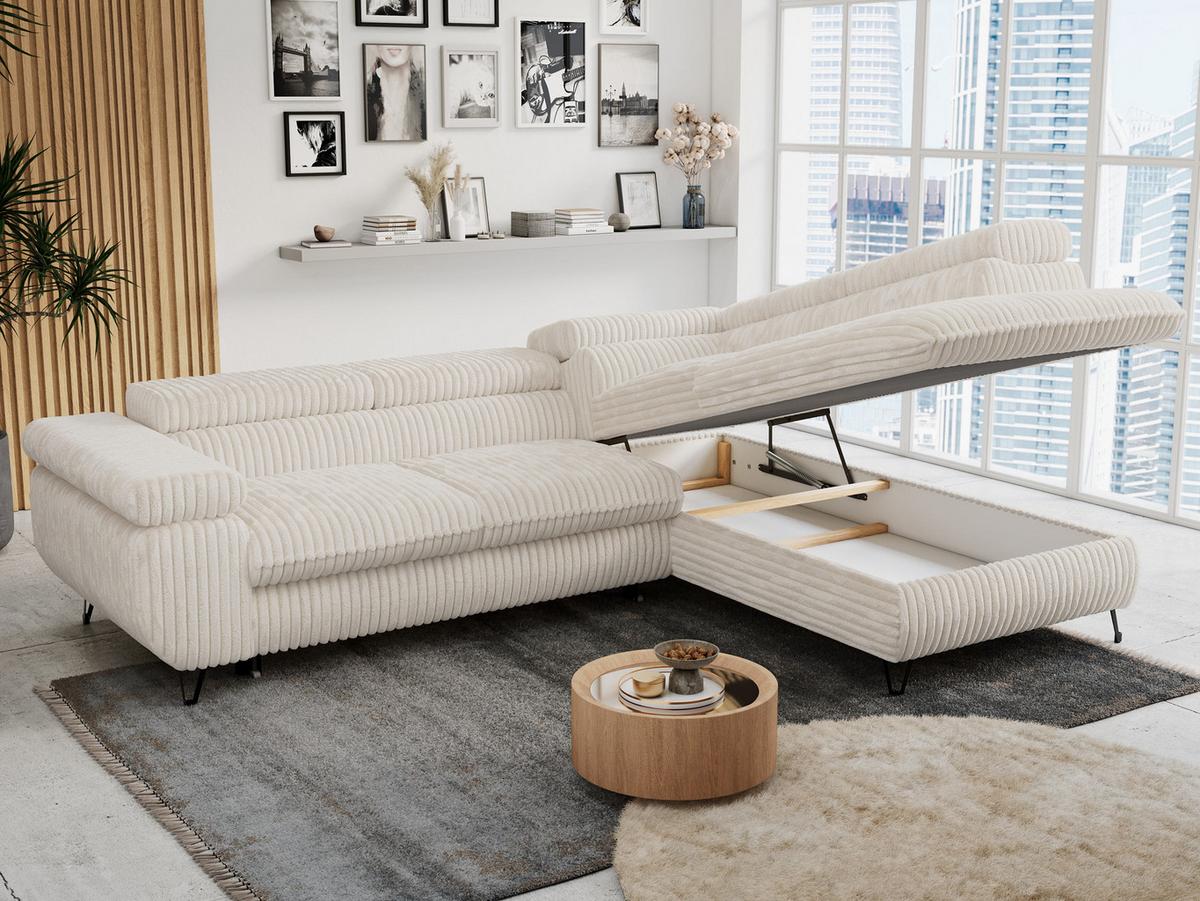 ECKSOFA PETER L Beige Cord - Rechts Seite - Beige/Schwarz, Textil/Metall (273/208cm) - MKS
