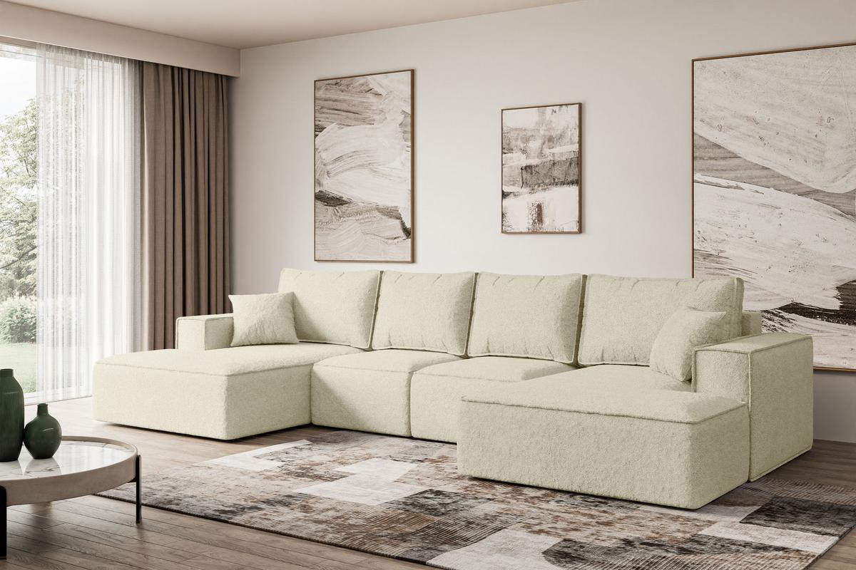 WOHNLANDSCHAFT mit Schlaffunktion und Bettkasten SIERRA-U-S - 349x161x87 cm Beige Bouclé - Beige/Schwarz, Holzwerkstoff/Kunststoff (349/87/161cm) - ALTDECOR