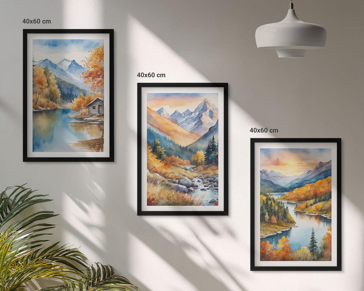 BILDER SET 3er Set - 40x60 cm Schwarzer Rahmen - Berglandschaft, Fluss, Herbst - Schwarz, Kunststoff (40/60cm) - TULUP