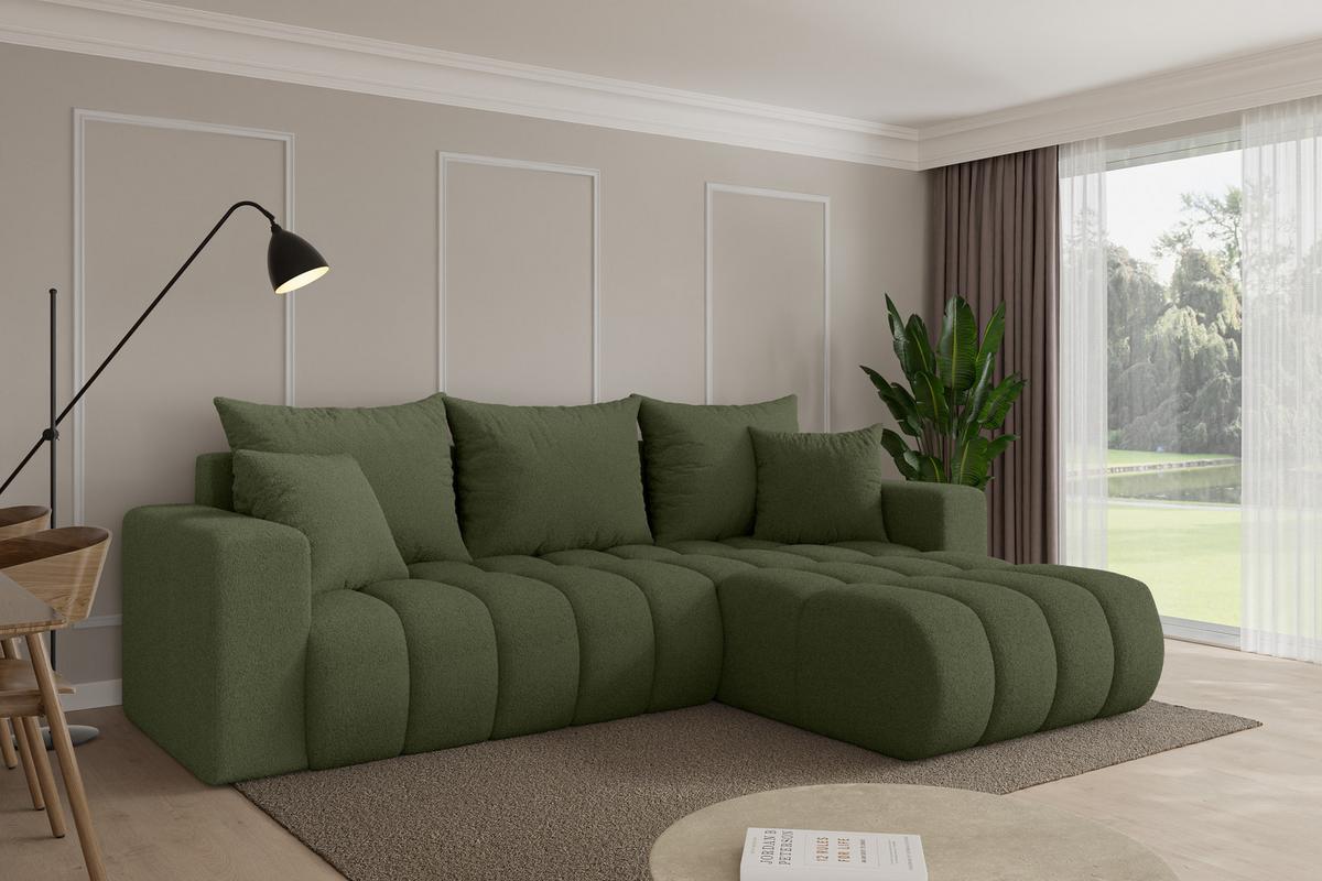 ECKSOFA mit Schlaffunktion Ottomane Rechts MILA-L-v1 277x195x86 Grün Bouclé - Schwarz/Olivgrün, Holzwerkstoff/Kunststoff (277/194cm) - ALTDECOR