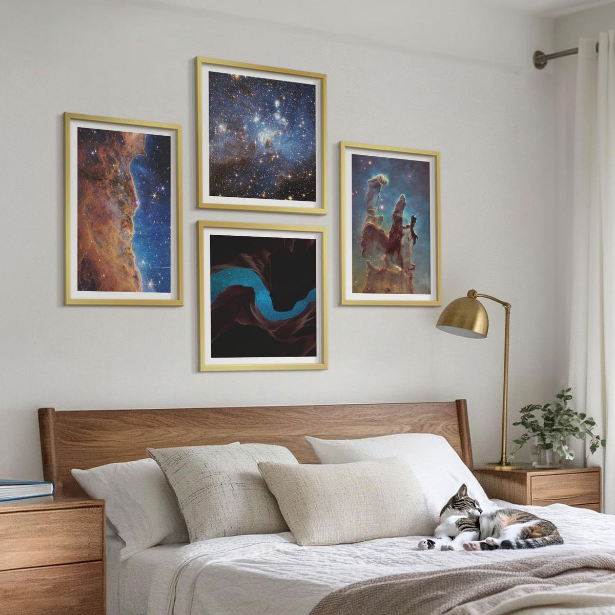 BILDER SET 4er Set - 50x50 cm & 40x60 cm Goldrahmen - Weltraumlandschaften von Galaxien - Goldfarben, Kunststoff (50/50cm) - TULUP