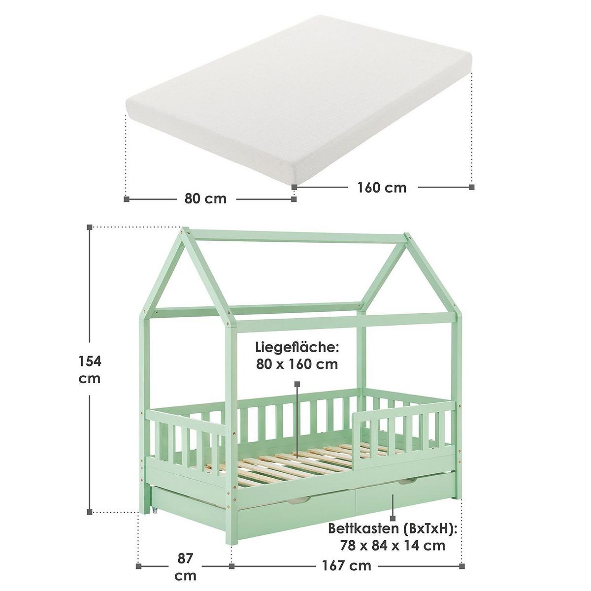 KINDERBETT Marli mint 80x160 cm mit Bettkasten und Matratze - Mintgrün, Holz (80/160cm) - Juskys