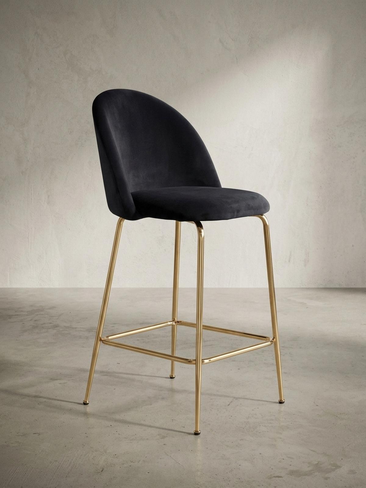 BARHOCKER 2er Set Samt Lehne Goldgestell Skandi-Stil Gepolstert, Schwarz 50x50x102 cm - Goldfarben/Schwarz, Textil/Metall (50/102/50cm) - KADIMA DESIGN