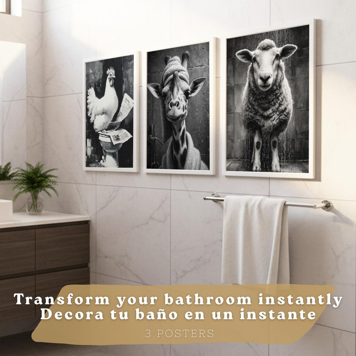 POSTER 3er-Set lustige Schwarz-Weiß-Drucke, Tiere im Badezimmer-Poster, witzige WC-Dekoration für Toilette und Waschbecken, Vintage-Stil Rahmenlos A4 - Klar, Papier (29.7/21/3cm) - Nacnic