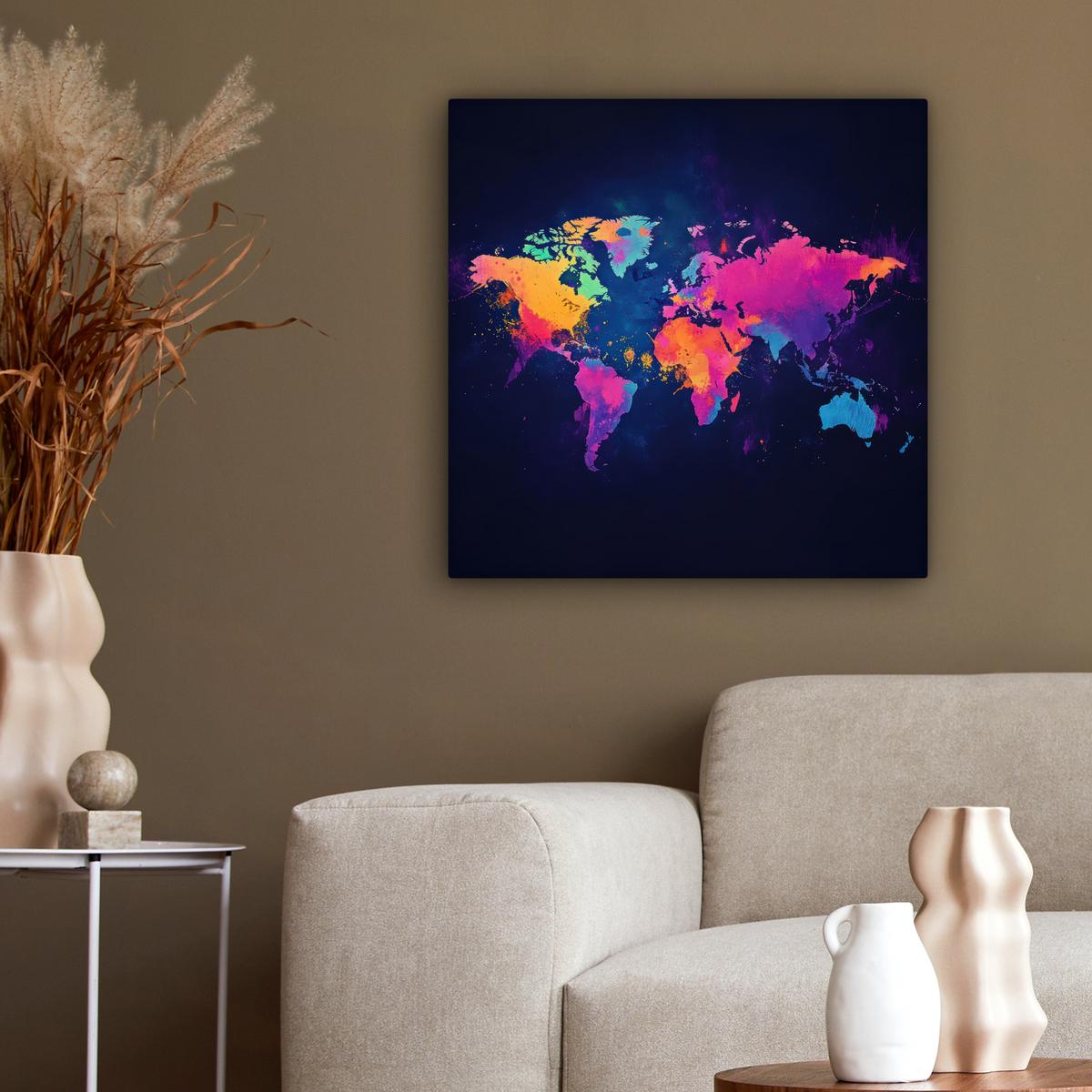 LEINWANDBILD Weltkarte - Bunt - Graffiti Wandbild Wohnzimmer 50x50 cm - Multicolor, Textil (50/50cm) - MuchoWow