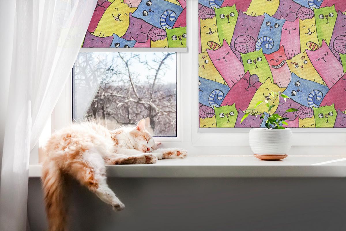 INNENROLLO - Fensterrollo - Rollo - 100x180 cm - Bunte Katzen - Grün, Kunststoff (100/180/0.5cm) - TULUP