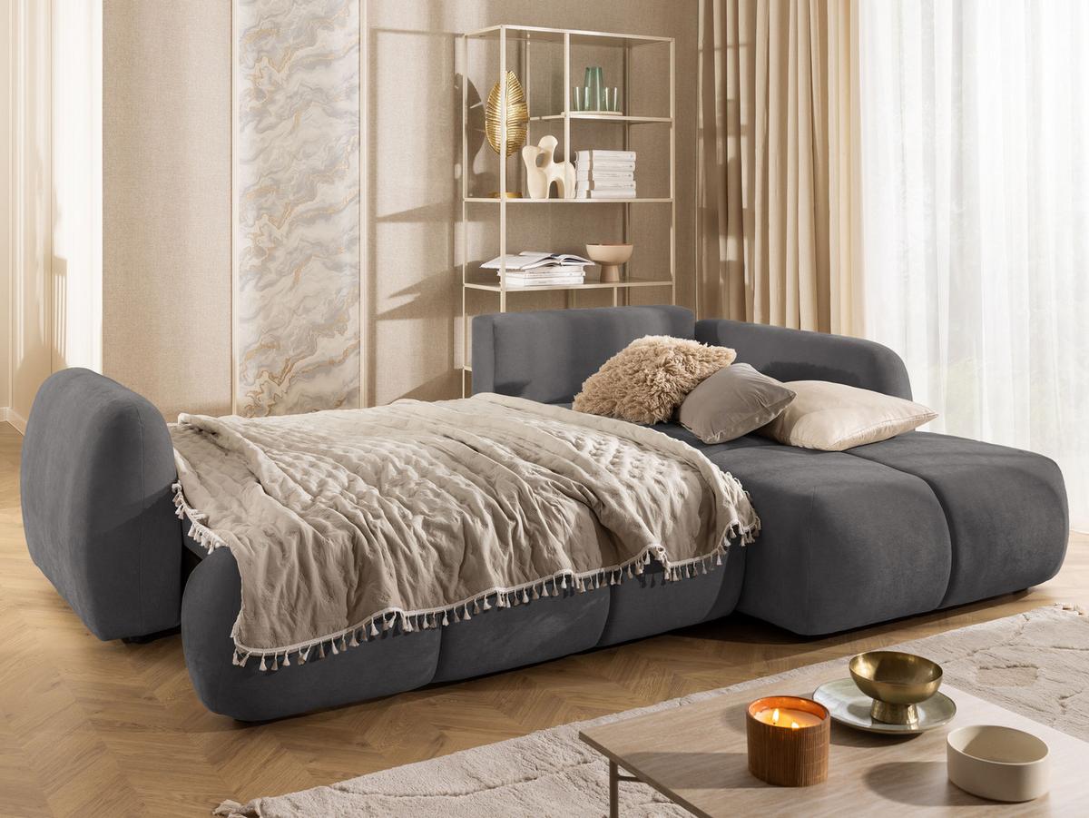 ECKSOFA Loretto aus natürlichem Taupe Webstoff mit Schlaffunktion, Bettkasten und tiefen Steppungen in Bubble-Optik - Taupe/Schwarz, Holz/Kunststoff (275/180cm) - S-Style