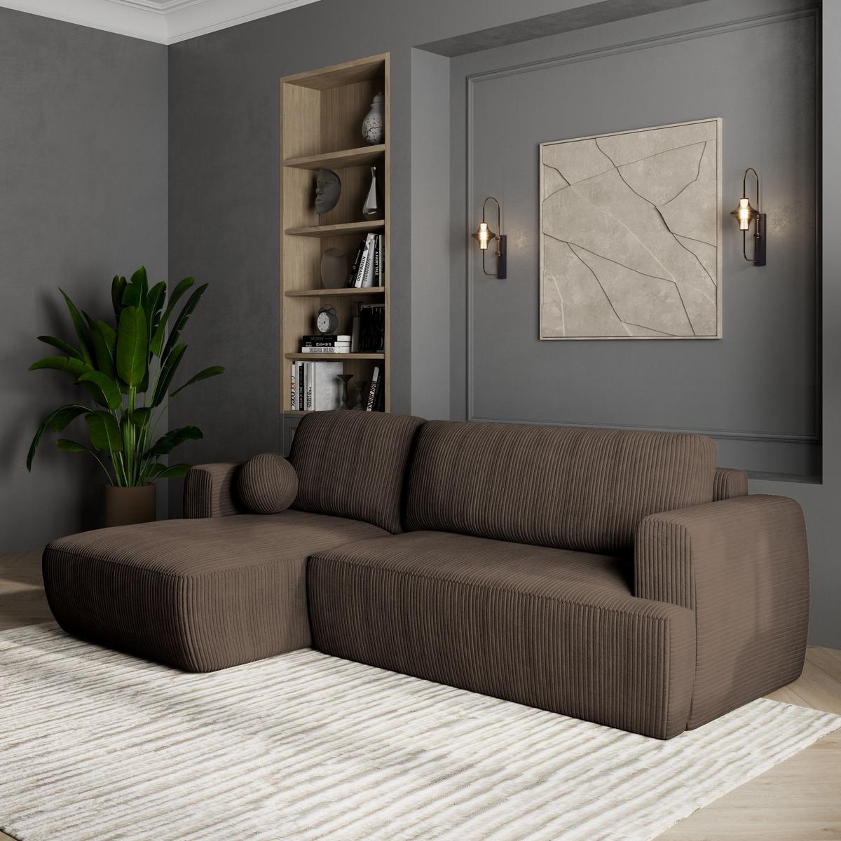 ECKSOFA SENTI P L-S Braun Kordstoff mit Schlaffunktion - Schwarz/Braun, Holz/Kunststoff (246/148cm) - MASSENO