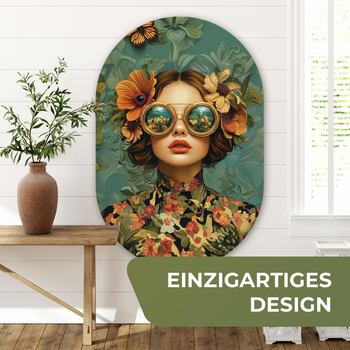 WANDBILD Frau - Blumen - Schmetterlinge - Natur - Vintage Deko Groß 80x120 cm - Petrol, Kunststoff (80/120cm) - MuchoWow