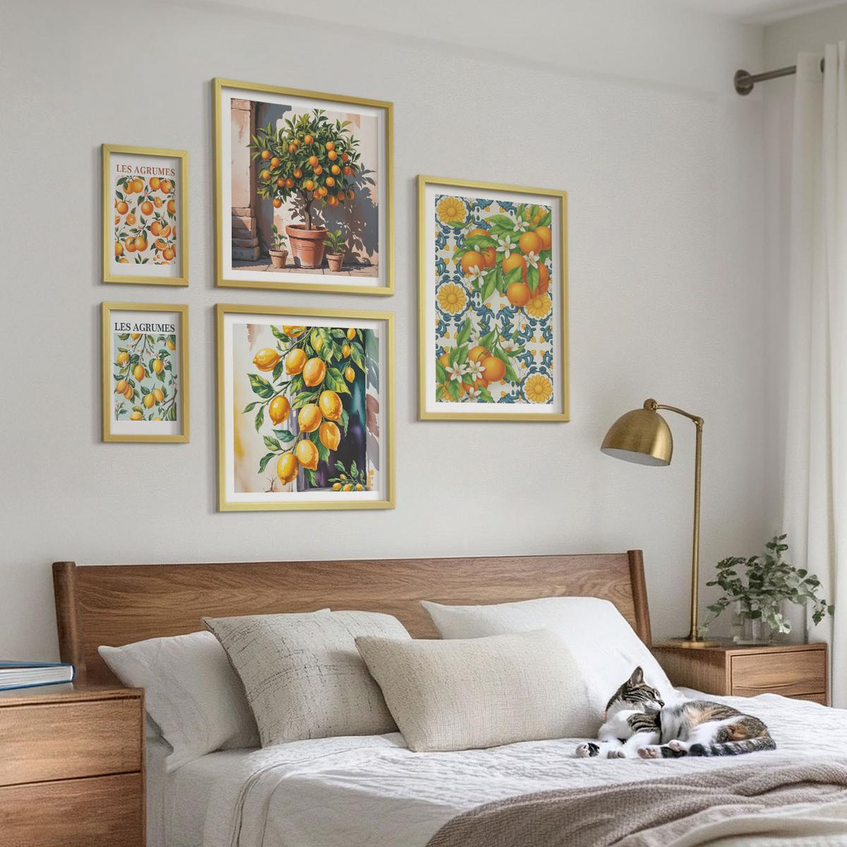 BILDER SET 5er Set - 50x50 cm & 20x30 cm & 40x60 cm Goldrahmen - Retro gelbe Zitrusfrüchte - Goldfarben, Kunststoff (40/60cm) - TULUP