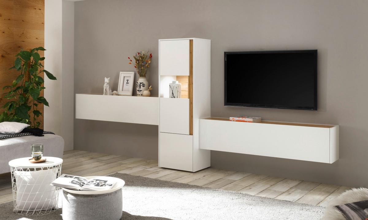 VITRINE weiß, Eiche Wotan 50 x 155 cm, Vitrinenschrank mit 4 Fächern - Eiche Wotan/Schwarz, Glas/Holzwerkstoff (50/155/40cm) - Furn.Design