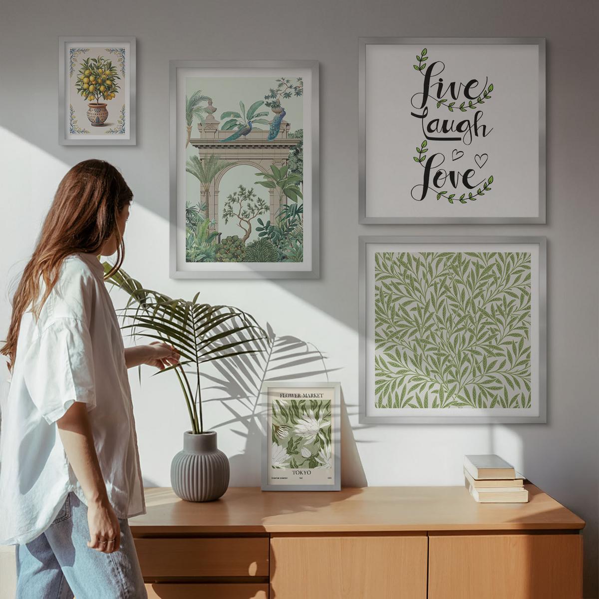BILDER SET 5er Set - 50x50 cm & 20x30 cm & 40x60 cm Silberner Rahmen - Grüne Blätter exotischer Pflanzen - Silberfarben, Kunststoff (40/60cm) - TULUP