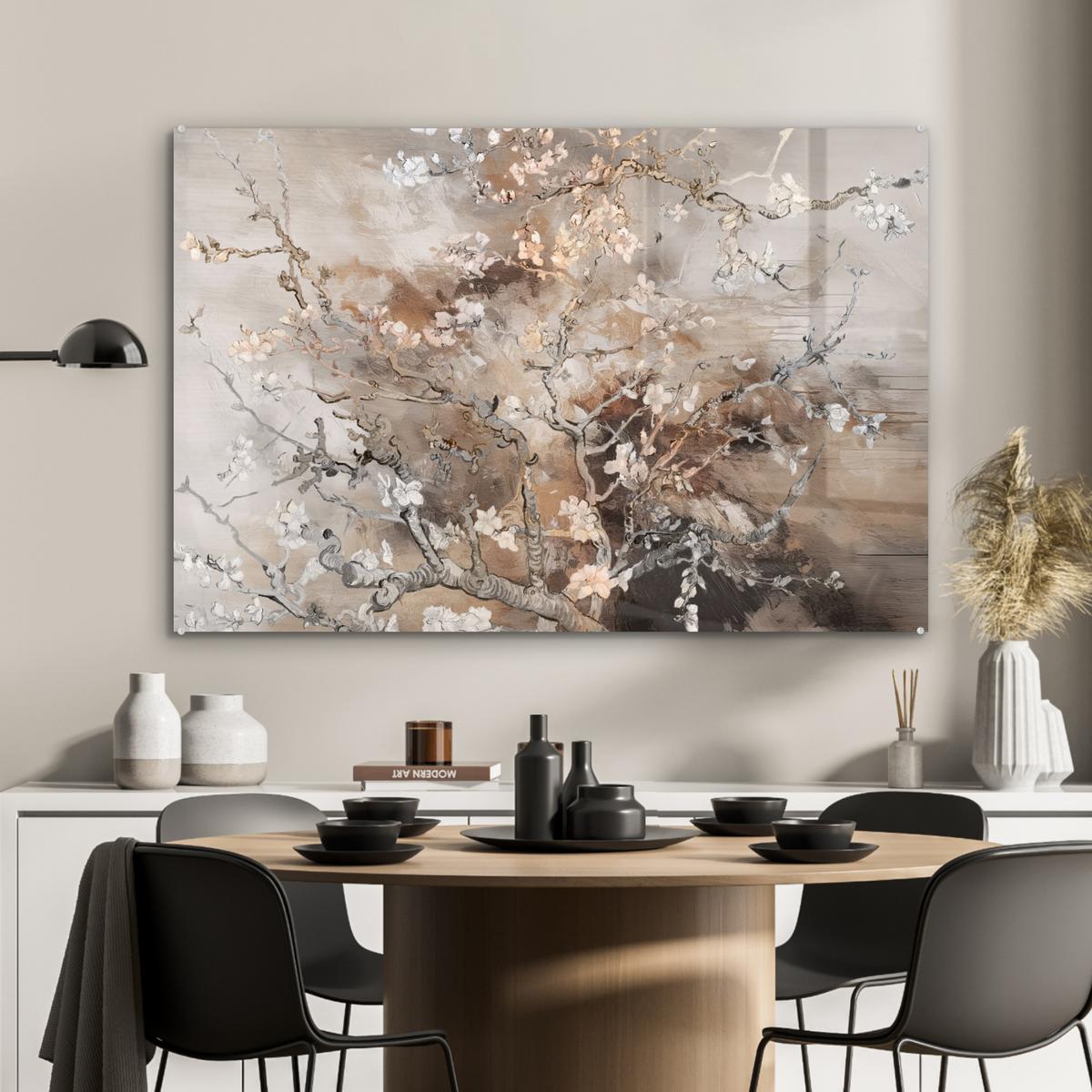 ACRYLGLASBILD Mandelblüte - Kunst - Van Gogh - Beige - Abstrakt Wandbild Schlafzimmer 120x80 cm - Braun, Glas (120/80cm) - MuchoWow