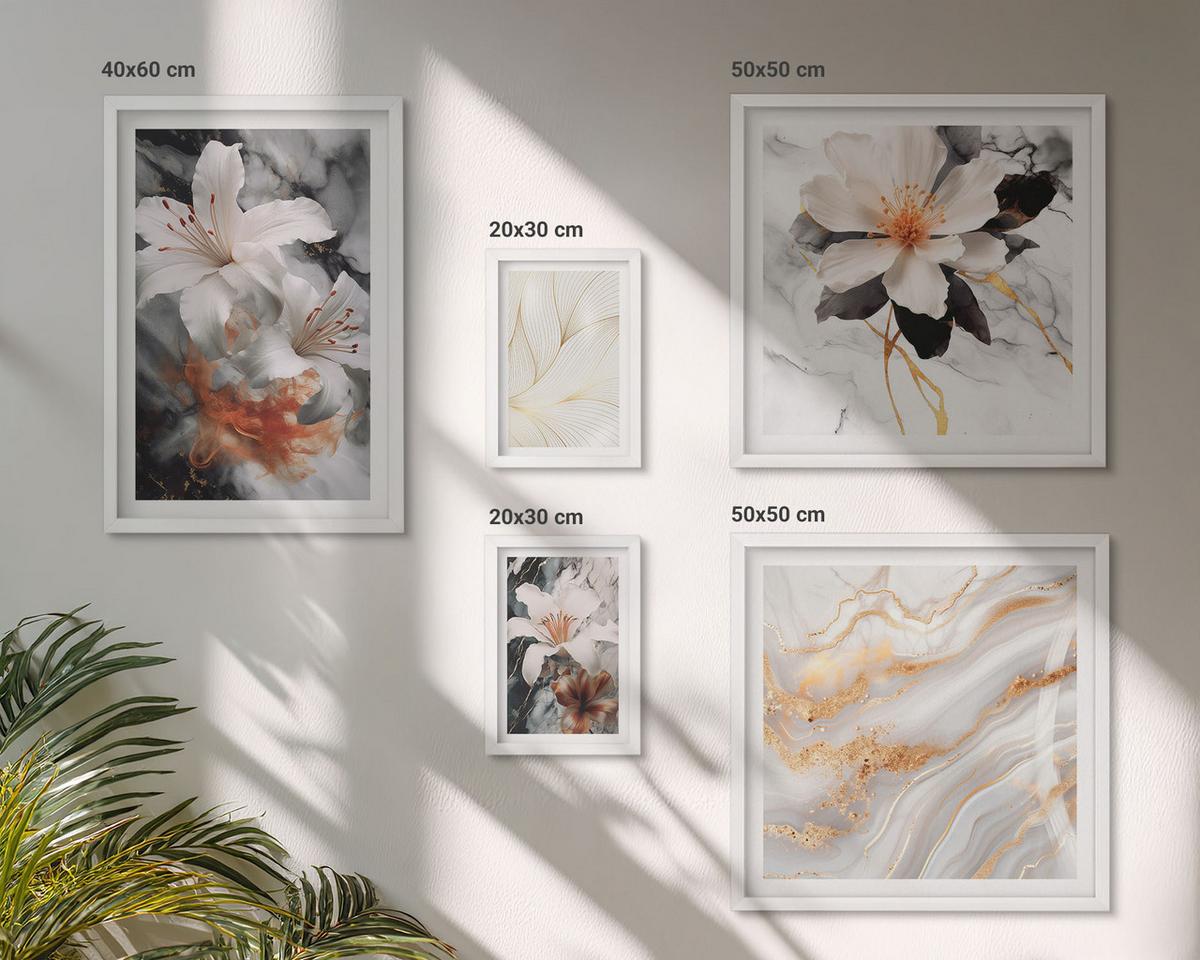 BILDER SET 5er Set - 50x50 cm & 20x30 cm & 40x60 cm Weißer Rahmen - Blumen Marmor weiß schwarz - Weiß, Kunststoff (40/60cm) - TULUP