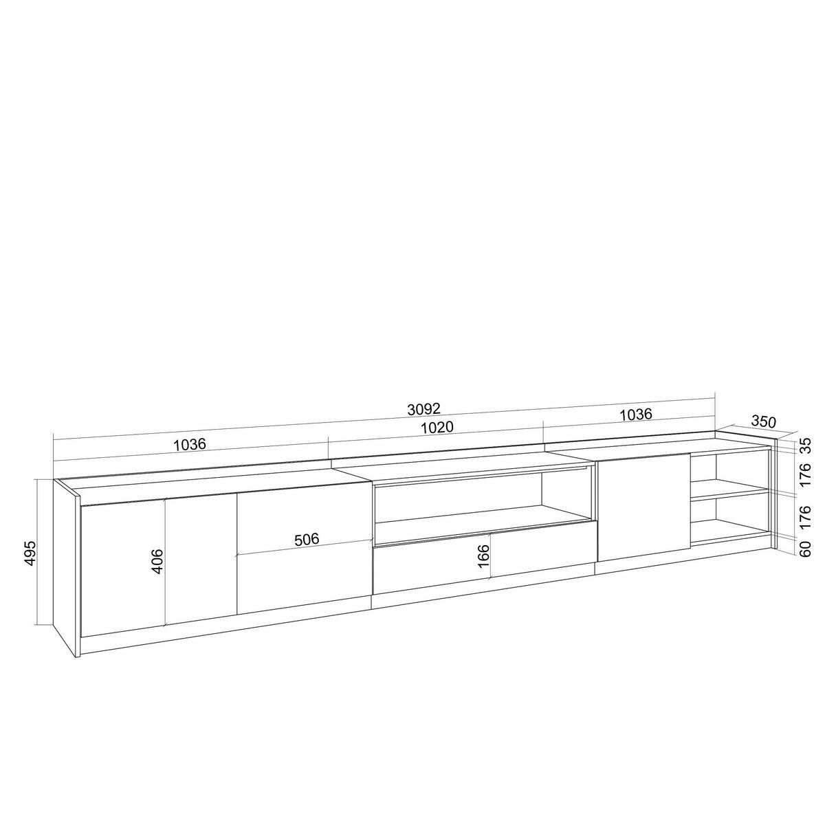 LOWBOARD, Schwarz und Eiche, 310/37/50cm, mit Led - Schwarz, Holzwerkstoff (310/50/37cm) - Skraut Home