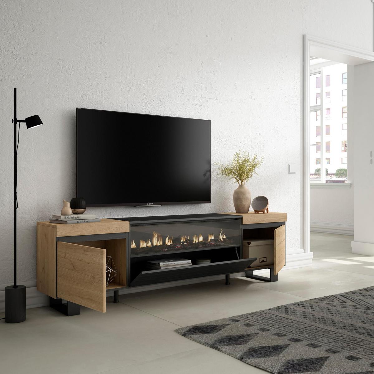 LOWBOARD mit Elektrokamin, Eiche, Schwarz, 200/35/57cm - Eichefarben/Naturfarben, Holzwerkstoff (200/57/35cm) - Skraut Home