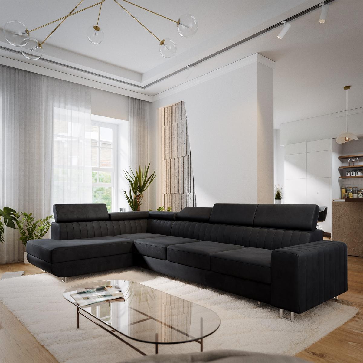 ECKSOFA HESTION Schwarz Velours-Stoff mit Schlaffunktion - Schwarz, Holz (332/190cm) - MASSENO