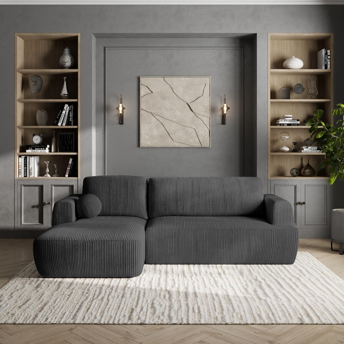 ECKSOFA SENTI P L-S Graphitfarben Kordstoff mit Schlaffunktion - Graphitfarben/Schwarz, Holz/Kunststoff (246/148cm) - MASSENO