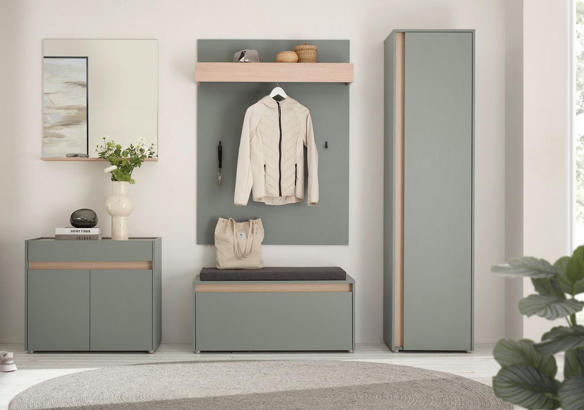 GARDEROBE Komplett-Set 6-teilig in Salbei und Eiche, Flurgarderobe mit viel Stauraum, inkl. Sitzkissen - Salbeigrün/Eichefarben, Glas/Holz (260/200/40cm) - Furn.Design