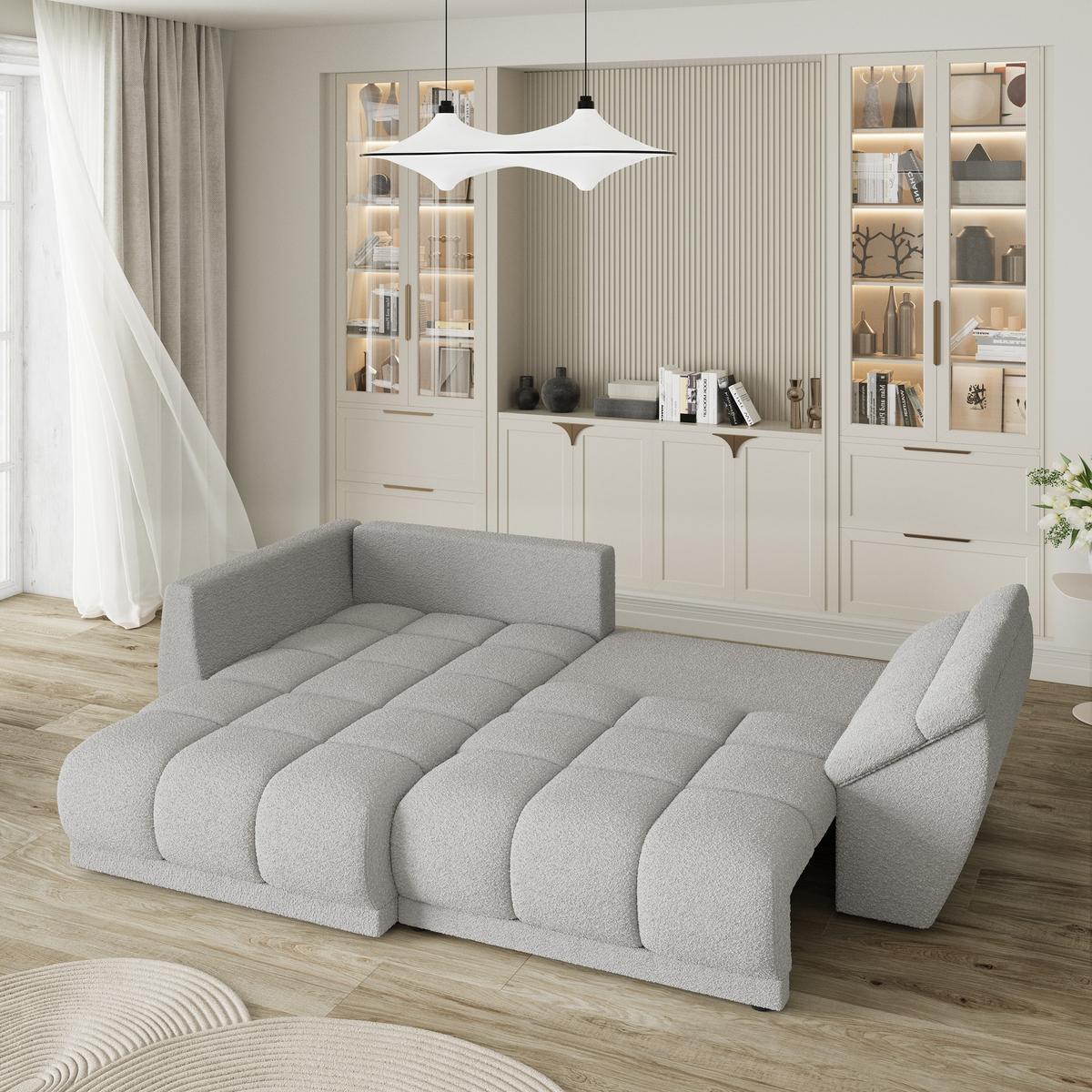 ECKSOFA ORENTI L-S Hellgrau Boucle-Stoff mit Schlaffunktion - Hellgrau, Holz (287/182cm) - MASSENO