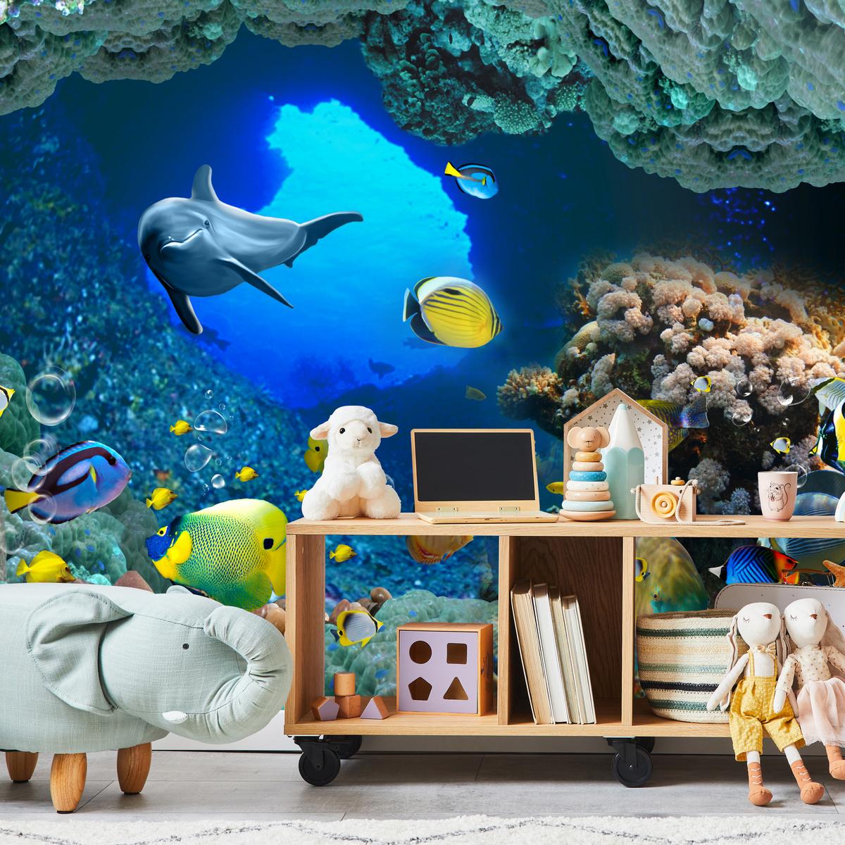FOTOTAPETE für Badezimmer Unterwasser Korallenriffe Fische 350x256 - Türkis/Blau, Papier (350/256cm) - Muralo