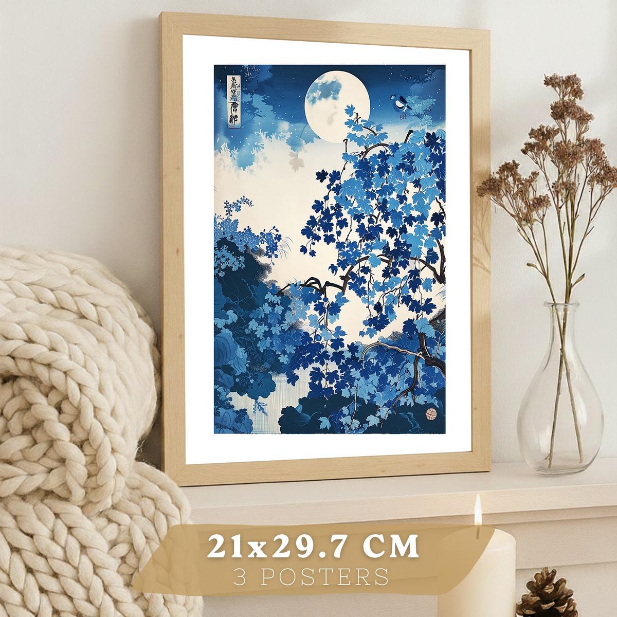 POSTER 3er Bilder-Set Wandbilder Japan Stil modern Wohnzimmer Deko, Schlafzimmer, Küche, Badezimmer Leichter Holzrahmen A3 - Beige, Papier (29.7/1/42cm) - Nacnic