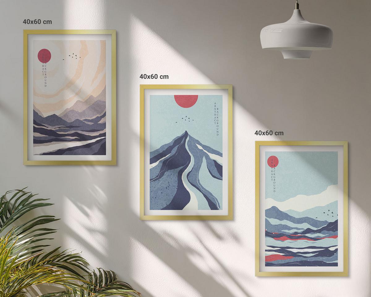 BILDER SET 3er Set - 40x60 cm Goldrahmen - Abstrakte japanische Berge - Goldfarben, Kunststoff (40/60cm) - TULUP