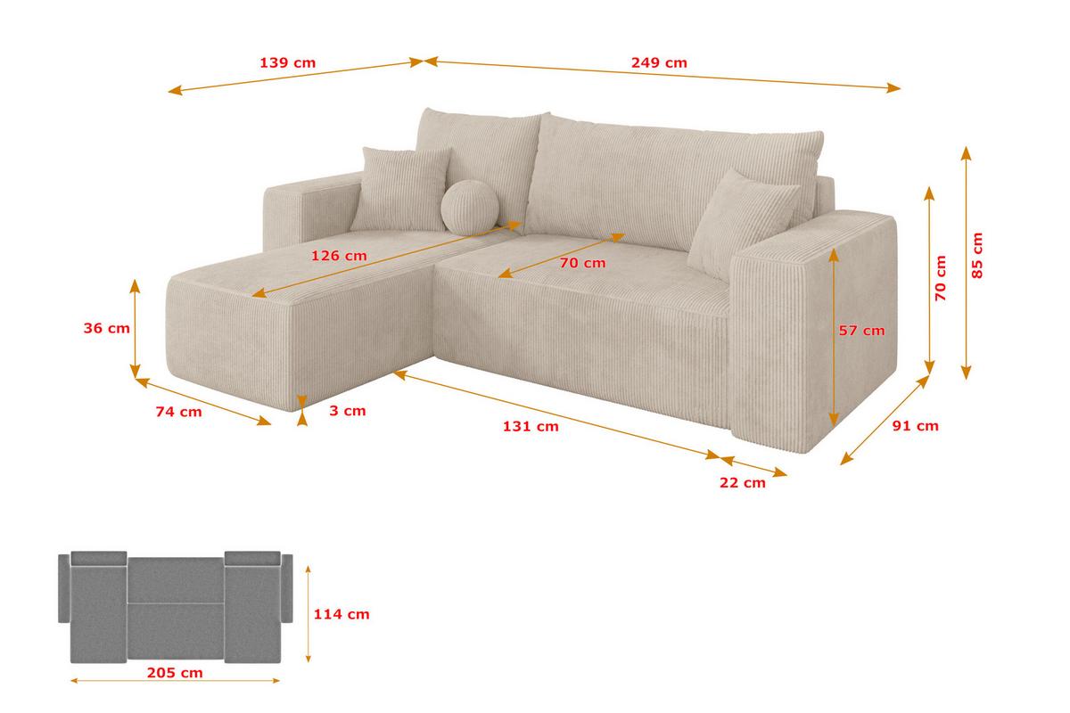 ECKSOFA mit Schlaffunktion Ottomane Links SENO-L 249x139x85 Beige Cord - Beige/Schwarz, Holzwerkstoff/Kunststoff (249/139cm) - ALTDECOR