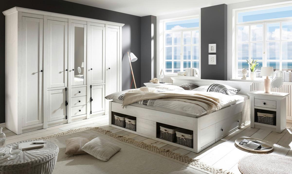SCHLAFZIMMER 4-teilig Set Pinie weiß, Komplettset mit Doppelbett - Schwarz/Weiß, Glas/Holzwerkstoff (236/206/64cm) - Furn.Design