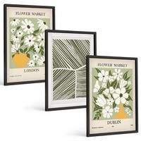 BILDER SET 3er Set - 40x60 cm Schwarzer Rahmen - Blumenmuster London Dublin - Schwarz, Kunststoff (40/60cm) - TULUP