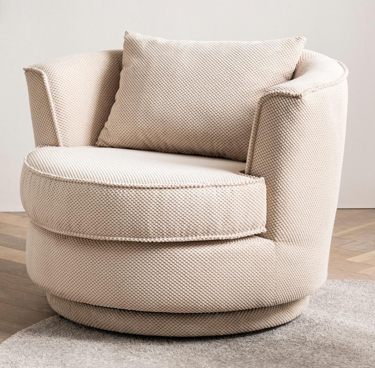 DREHSESSEL wollweiß Web-Velours, Sessel 360° drehbar inklusive Kissen - Creme/Weiß, Kunststoff/Textil (95/77/95cm)