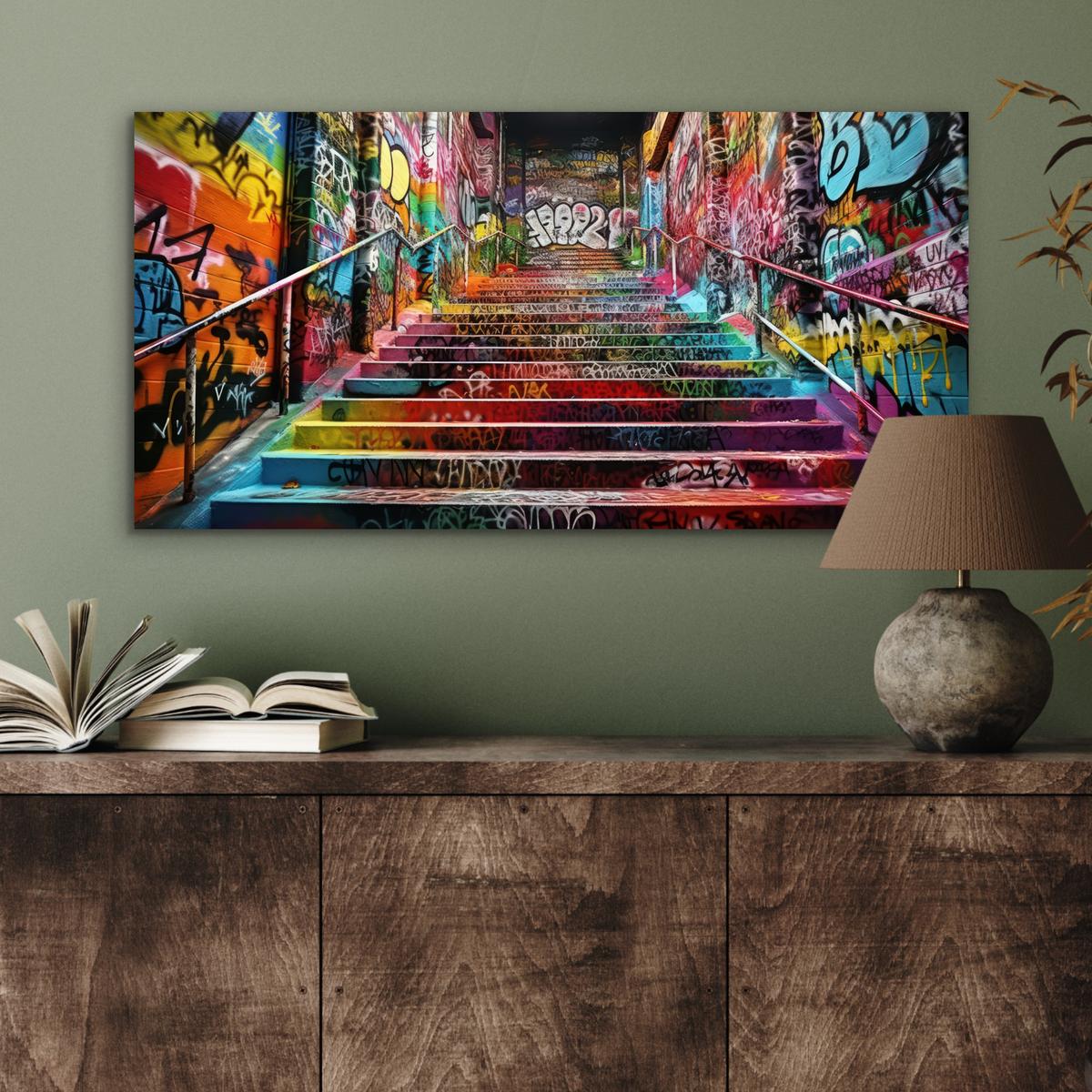 METALLBILD Treppe - Graffiti - Farben - Kunst 80x40 cm - Multicolor, Metall (80/40cm) - MuchoWow