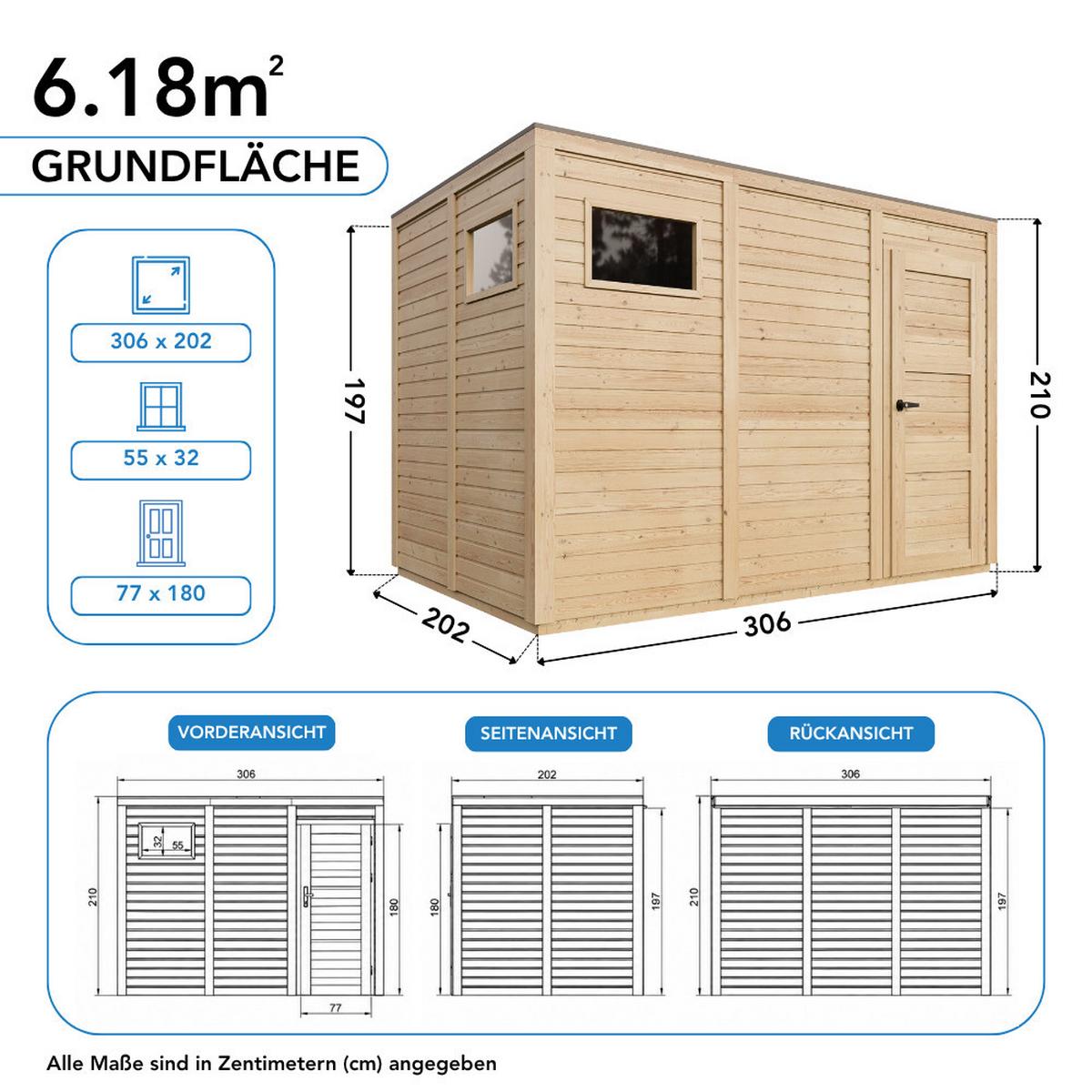 GARTENHAUS Holz 6,18 m², 306/210/202 cm, ohne Boden, M326F2 - Beige, Holz (306/210/202cm) - Timbela