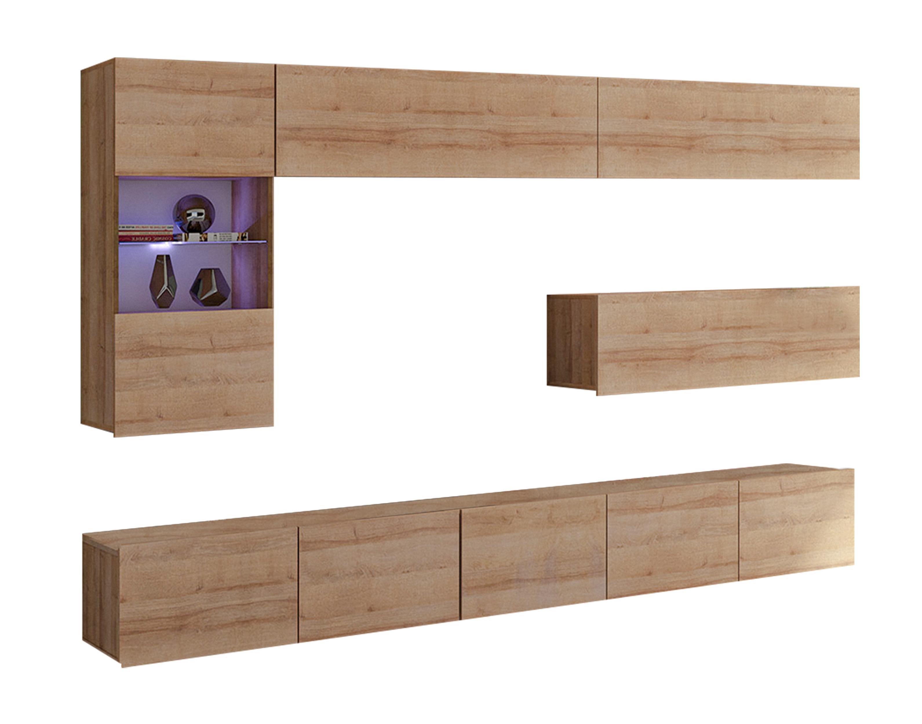 WOHNWAND Kossana 4 Modern Goldene Eiche 255/142/43 cm Stauraumwunder - Hellbraun, Holzwerkstoff/Kunststoff (255/142/43cm) - AX Living
