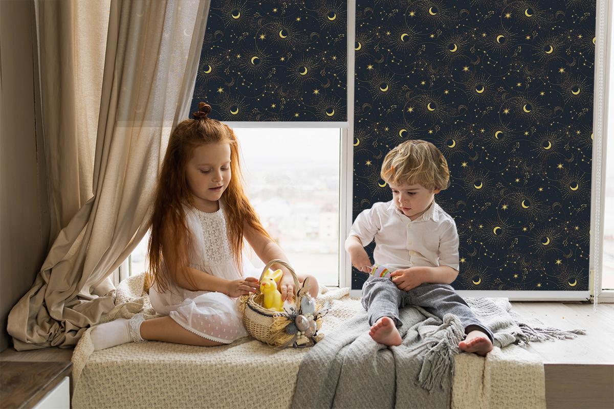 INNENROLLO - Fensterrollo - Rollo - 100x180 cm - Mond und Sterne - Schwarz, Kunststoff (100/180/0.5cm) - TULUP