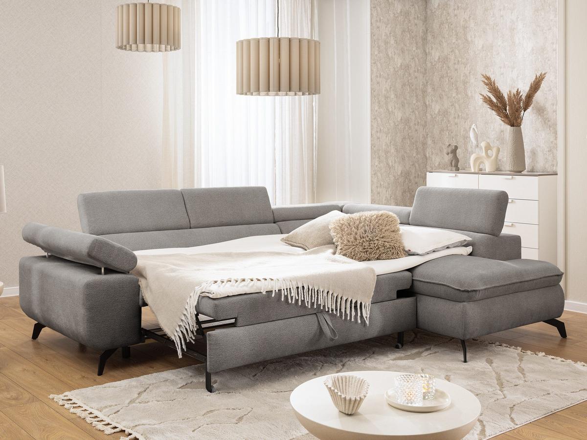 ECKSOFA mit Schlaffunktion und Bettkasten Bonnie aus Hellgrau Chenille-Stoff mit verstellbaren Kopfstützen und Armlehne - Ottomane rechts - Hellgrau/Schwarz, Holz/Textil (275/210cm) - S-Style Möbel
