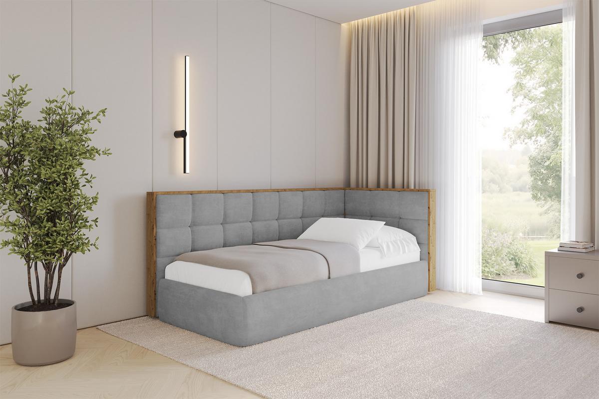 EINZELLBETT Jugendbett mit Bettkasten und Matratze H3/H4, Links - SOVY 80x200 Grau - Hellgrau, Holzwerkstoff/Textil (80/200cm) - ALTDECOR