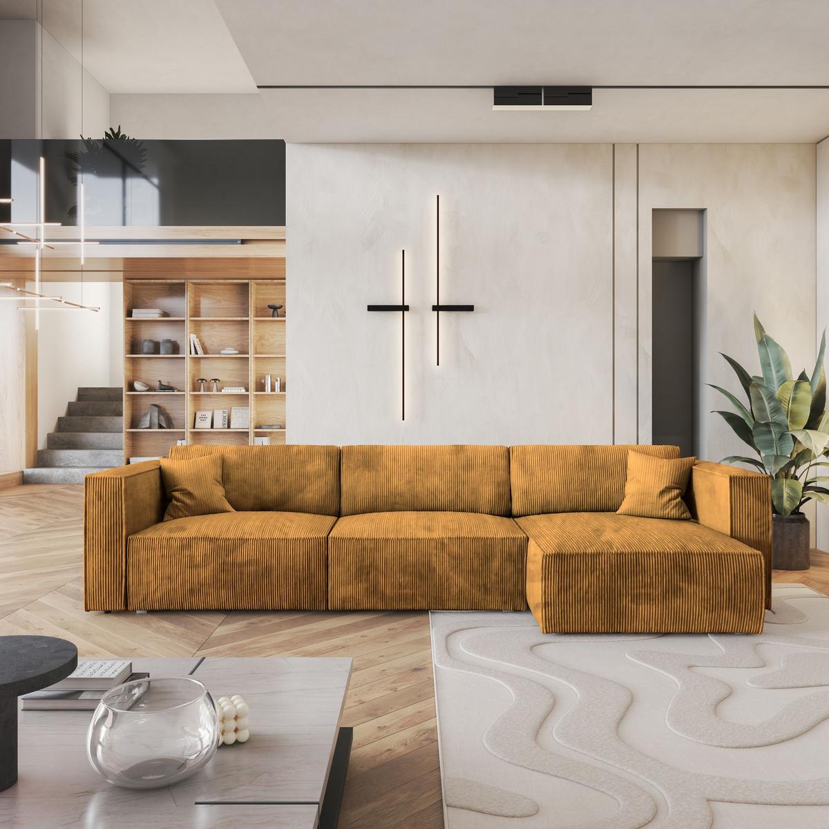 ECKSOFA TOLMO P Gelb Kordstoff mit Schlaffunktion - Gelb/Grau, Holz/Kunststoff (347/148cm) - MASSENO