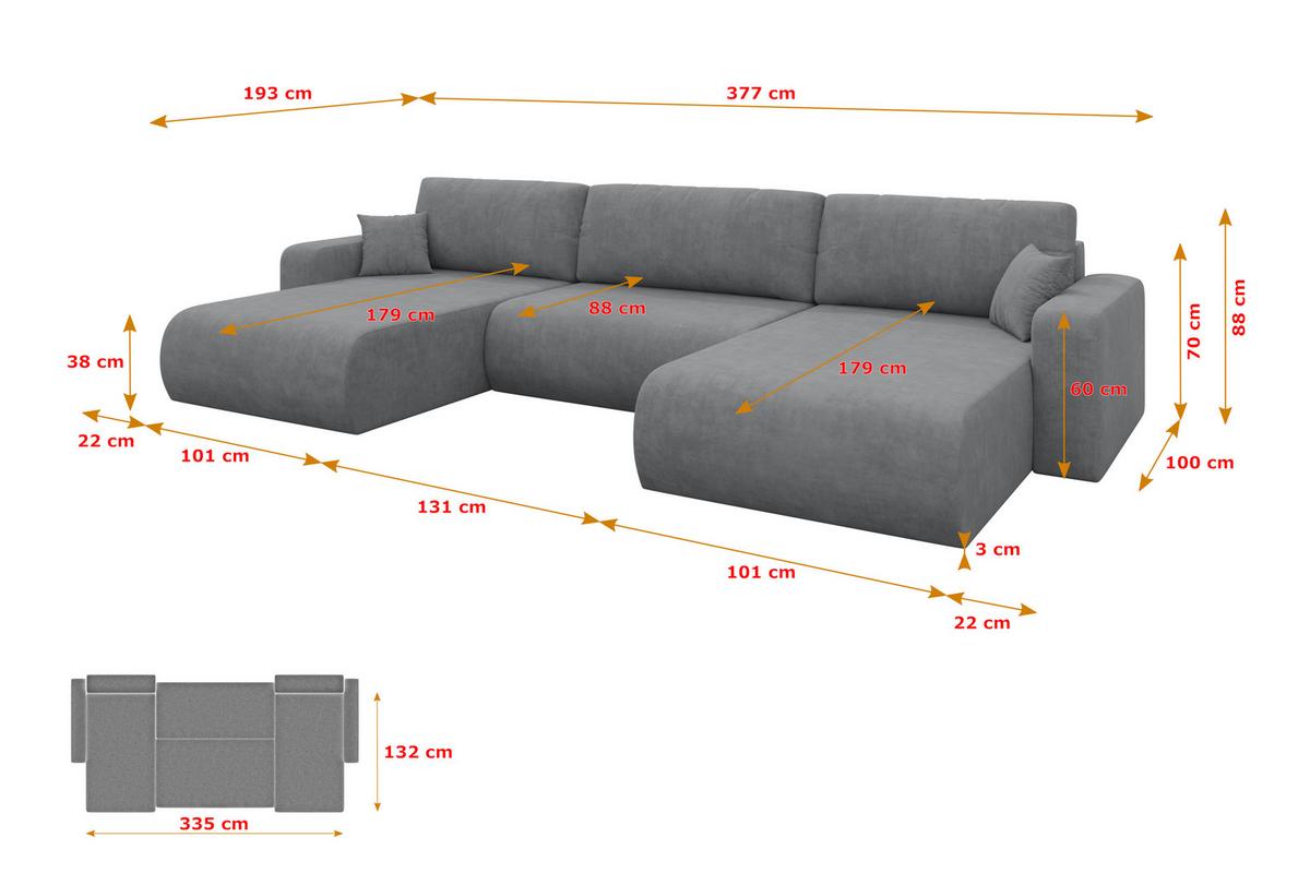 WOHNLANDSCHAFT mit Schlaffunktion und Bettkasten BERY-U 377x193x88 Grau Velours - Taupe/Schwarz, Holzwerkstoff/Kunststoff (377/88/193cm) - ALTDECOR