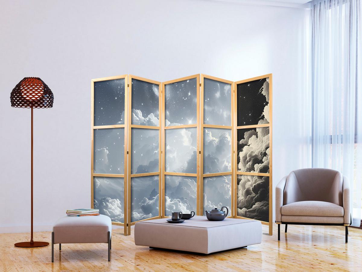 PARAVENT Japanischer 5-tlg 225x172 cm Wolken Sterne - Grau, Holz/Textil (225/172/3cm) - Muralo