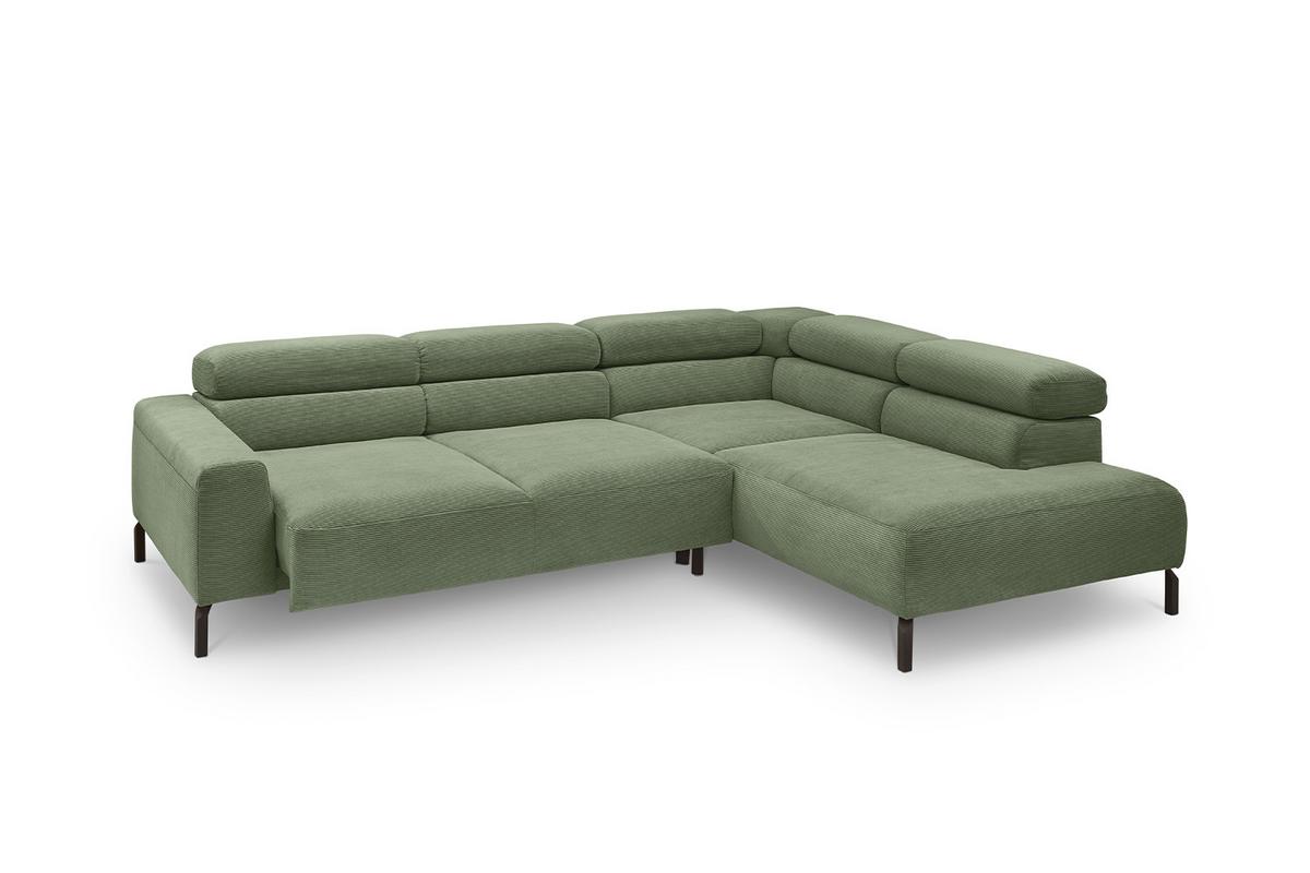 ECKSOFA MIT MOTORISCHEM SITZVORZUG DELIA Grün Cord Relaxfunktion - Schwarz/Olivgrün, Textil/Metall (276/219cm) - KAWOLA